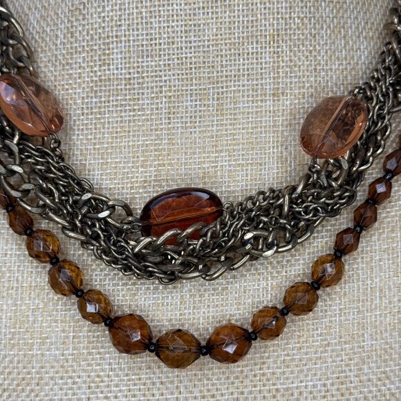 Multi-Strand Bronze Chain & Amber Beaded Statement Necklace By Talbots - Picture 4 of 9